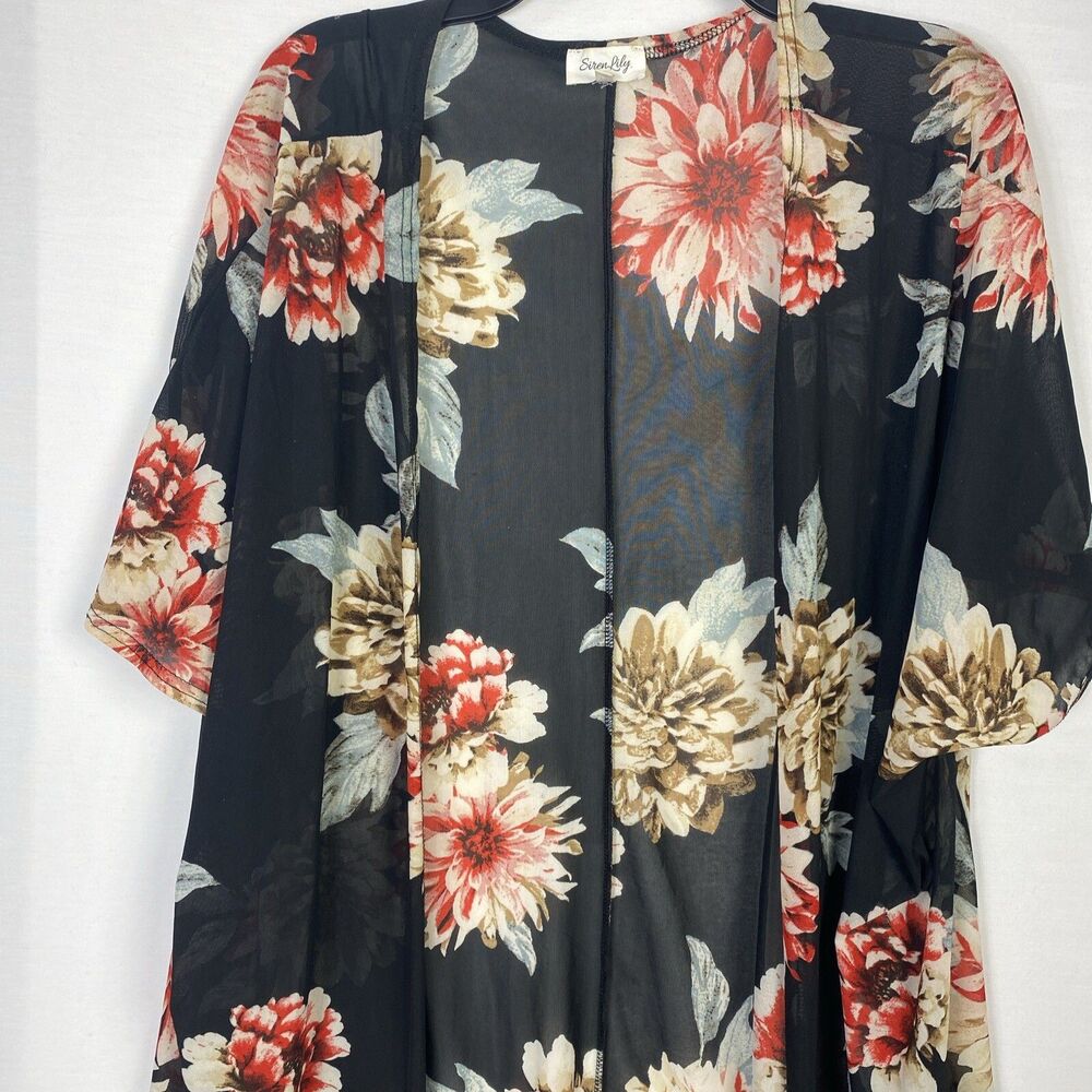 Siren Lily Size 3X Cardigan Open Drape Black Floral Kimono Fringe Detail Sheer